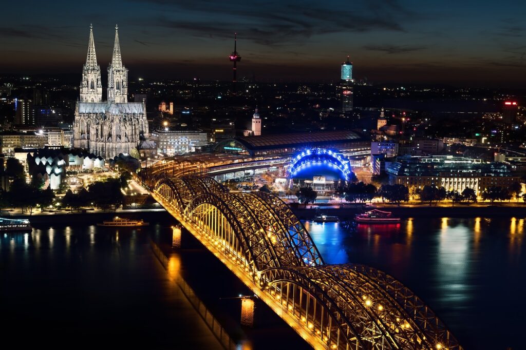 cologne cathedral, hohenzollern bridge, river, city lights, illuminated, aerial view, bird's eye voew, cologne, cathedral, dom, city, germany, lights, night photography, skyline, cityscape, cologne, cologne, germany, germany, germany, germany, germany